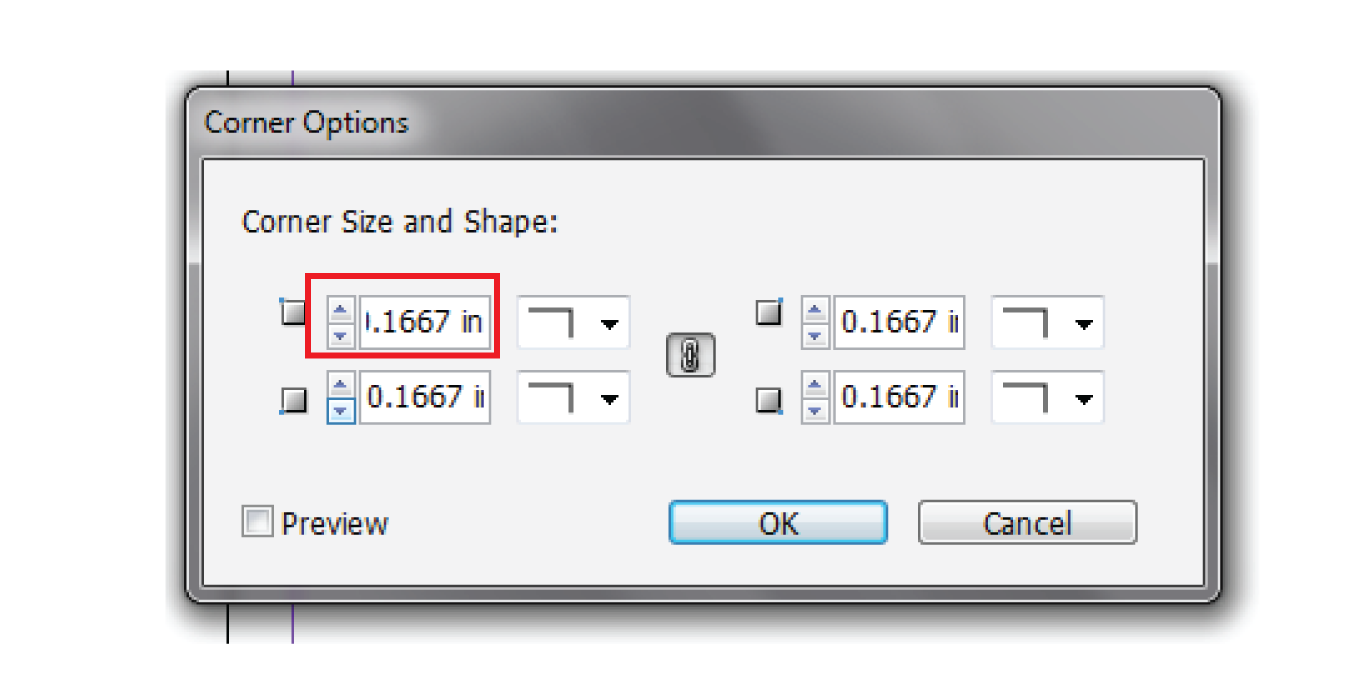 Sizing can take place in two places on the Control Panel or in the Corners Options pop up.